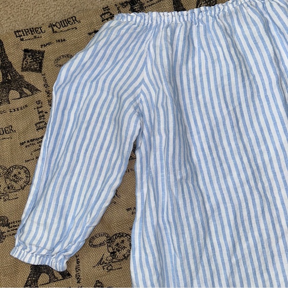 Saks Fifth Avenue 100% Linen Blue White 3/4 Sleeve Off Shoulder Maxi Dress - Picture 6 of 16